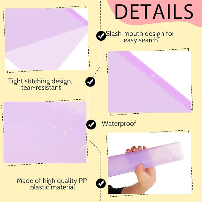 Maitys 50 Pack Binder Pockets 3 Hole Punch Clear Plastic Document Folders Binder Organizer Store Letter Size 8.5x11 Inch Paper Folders with Pockets Slash File Jacket for Office (Pastel Colors)