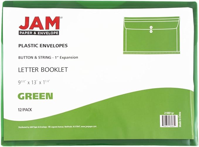 JAM PAPER Plastic Envelopes with Button & String Tie Closure - Letter Booklet - 9 3/4 x 13 - Green - 12/Pack