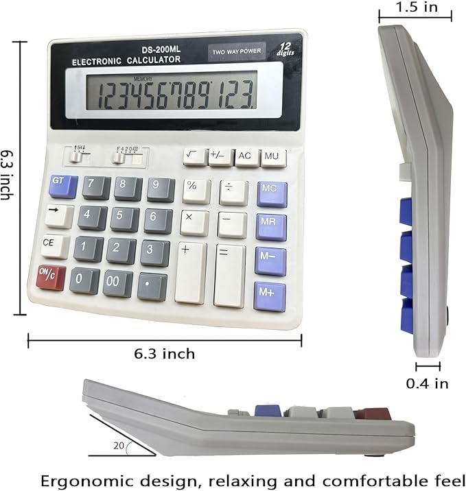 Desk Calculator Large 12 Digit Display, Dual Power Basic Calculator Desktop, Big Button for Office, Business, Home and School (Grey).