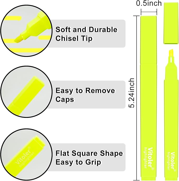 Vitoler Yellow Highlighter,5pcs Fluorescent Yellow Highlighter Chisel Tip,Cute Highlighters for School, Home, Office