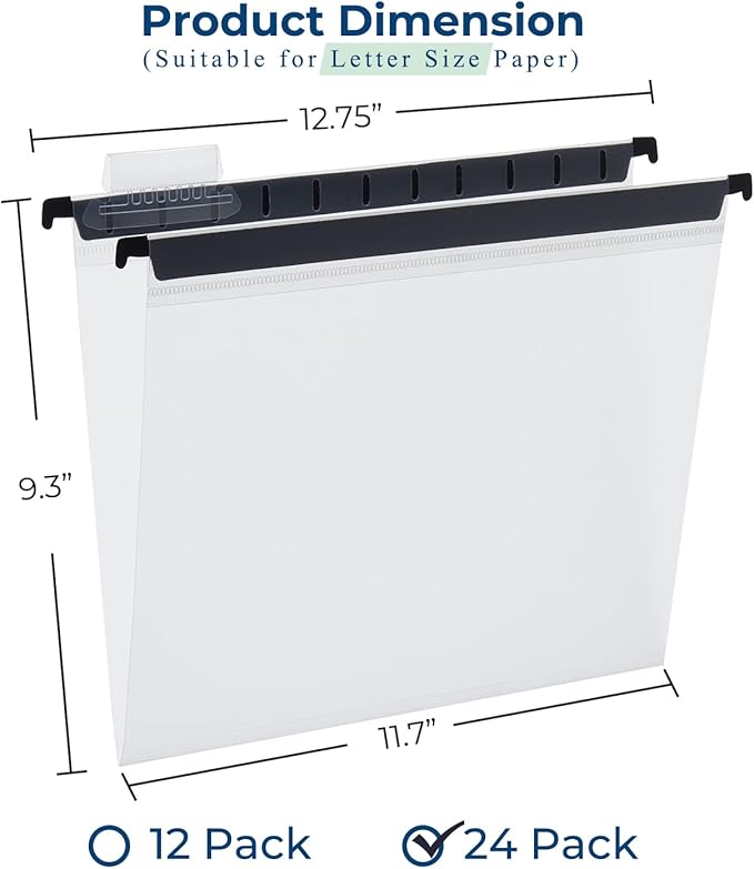 Y YOMA Plastic Hanging File Folders, Letter Size, 1” Expansion 24 Pack Clear Reinforced Hanging Folders with Tabs, Transparent Waterproof for Filing Cabinet Bulky Files Home Office