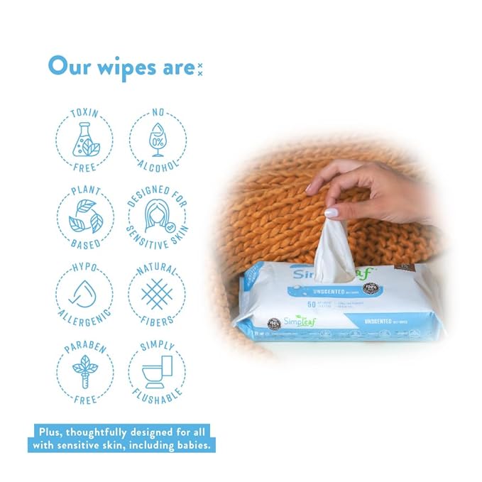 Simpleaf Flushable Wet Wipes Unscented | Plastic Free, Paraben & Alcohol Free | Hypoallergenic & Safe for Sensitive Skin | Soothing Aloe Formula | Adult Toilet Wipes (12 x 50 Counts Pack) 600 Counts