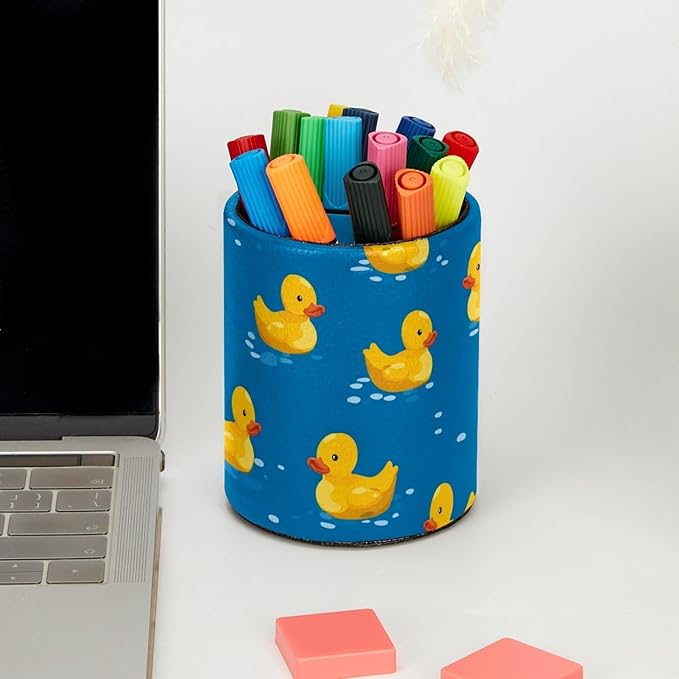Leather Pen Holder for Desk Ducks Cute Pattern Pencil Cup Desktop Organizer Makeup Brush Holders Office Supplies for Home, Kids & School