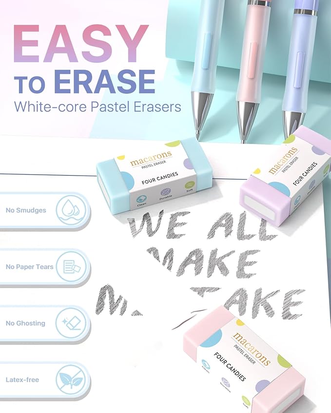 Four Candies Cute Mechanical Pencil Set, 6PCS Pencils 0.5 mm & 0.7 mm & 0.9 mm with 360PCS Lead Refills, Pastel Erasers, Case for School Supplies