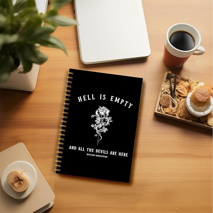 Hell is Empty Shakespeare Quote Dark Academia Aesthetic Notebook Journal, Gothic Floral Snake Notebook Journal, Gothic Gifts for Women, Goth Office Supplies, Spiral Notebook 5.5x8.3 Inch