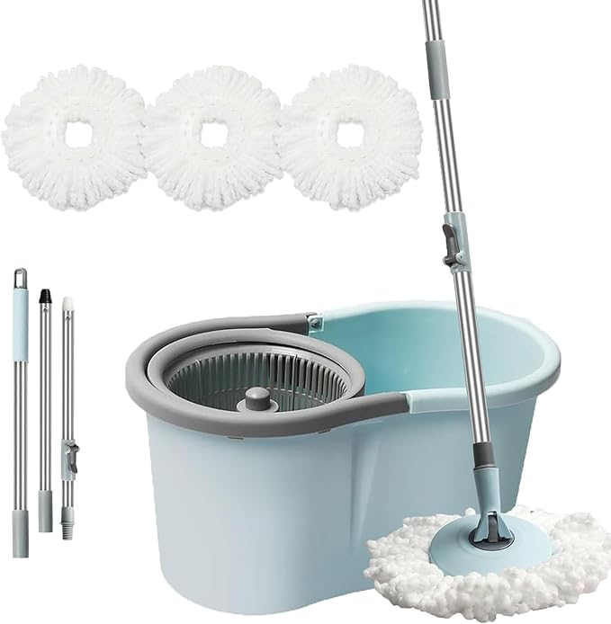 Spin Mop and Bucket Set, 360 Spin Mop and Bucket Stainless Steel,Floor Cleaning System,with 3 Replacement Heads (Blue-mini)