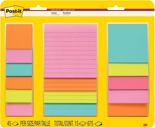 Post-it Super Sticky Notes, Assorted Sizes, 15 Pads, 2X The Sticking Power, Supernova Neons Collection, Neon Colors (Orange, Pink, Blue, Green), Recyclable (4423-15SSMIA)