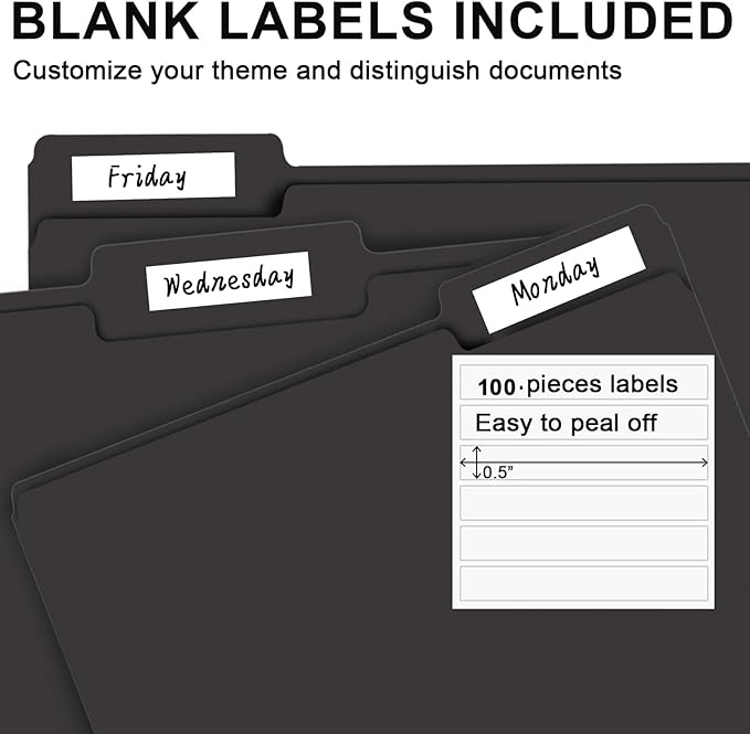 File Folder, RAZCC 100 Pack 1/3 Cut Tab File Folders Letter Size, Black Folders for Dcouments, Folders with Tab Great for Organizing and Easy File Storage