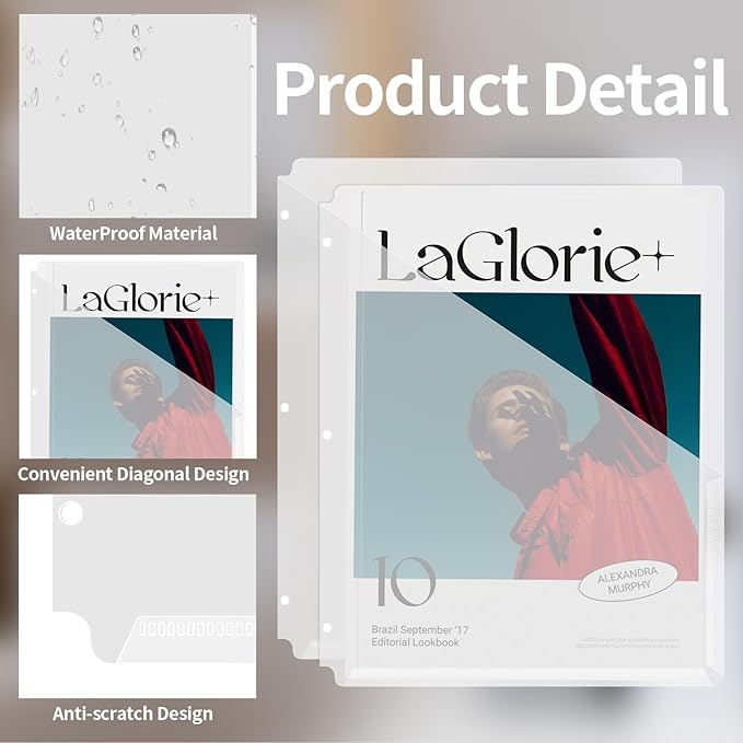 20 Pack Binder Dividers with Pockets Letter Size Clear Slash File Jacket 3 Hole Punch Plastic Document Folders for Office Home School (Transparent)