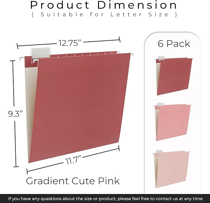 Y YOMA 6 Pack Gradient Hanging File Folders Letter Size Decorative Hanging Folder Pretty File Folder Organizer for Filing Cabinet Office Home with 1/5-Cut Adjustable Tabs, Cute Pink