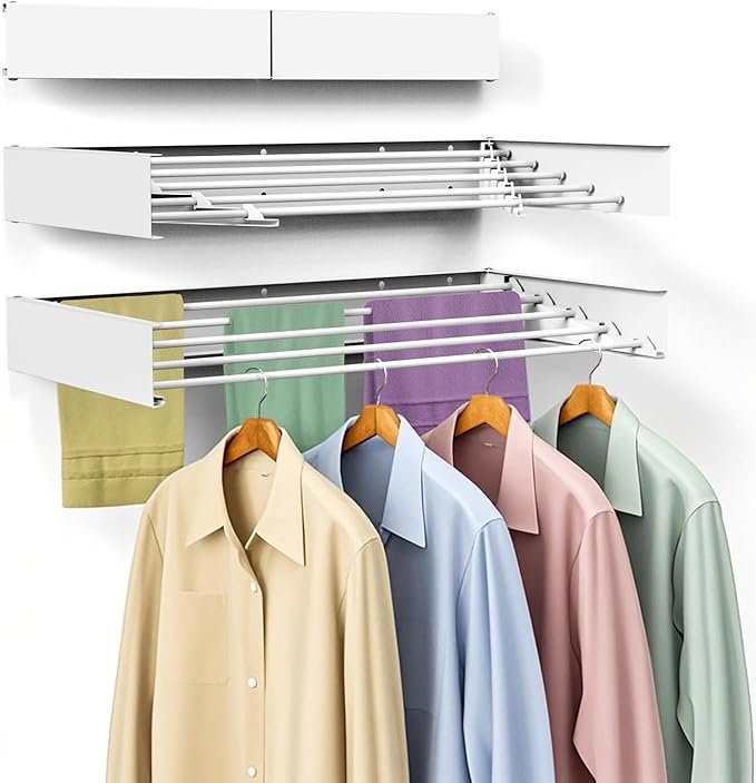 Laundry Drying Rack, Collapsible Wall Mounted Clothes Drying Rack - Drying Rack Clothing Foldable,Space Saving, 31.5" Wide, 13.2 Linear Ft, 5 Aluminum Rods, 60 lb Capacity (White, 23.6")