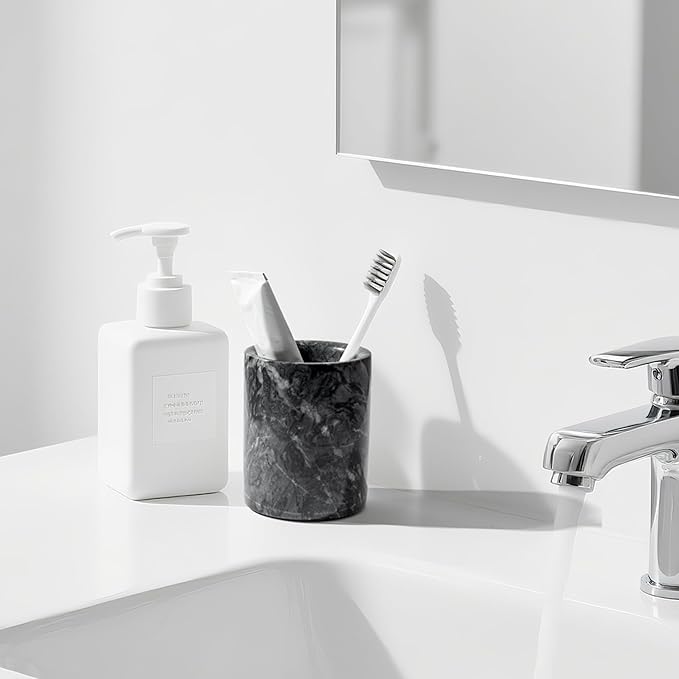 WORHE Pen Holder Stand Italy Natural Premium True Marble Makeup Brush Holders, Tableware Organizer Desk Pencil Cup for Home Office School Decor Dark Grey (DL012)