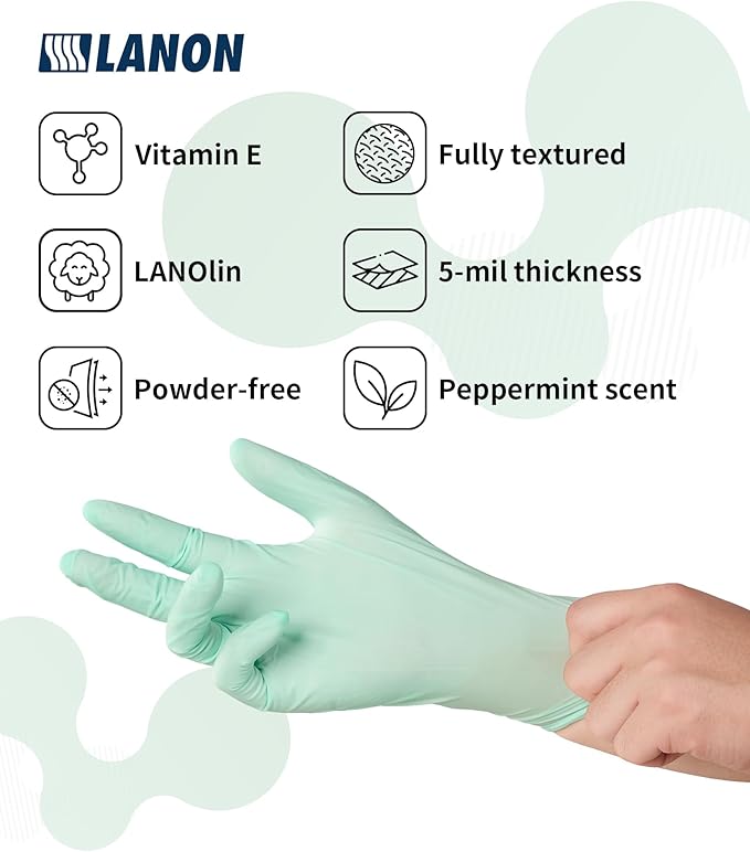 LANON 5 mil Vitamin-E Coated Latex Disposable Gloves, Food-Contact Grade, Fully Textured, Green, Medium