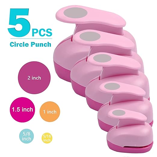 Circle Punch Paper Hole Punches Set - 5 Pack Round Paper Punches, Handmade Scrapbook Puncher for Paper Craft, Cardstock,Gift Wrapping,Greeting Cards (2In/1.5In/1In/0.6In/0.3In) (10 Papers Included)