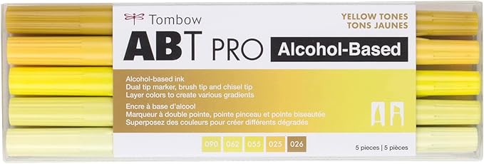 Tombow 56967 ABT PRO Alcohol Markers, Yellow Tones, Set of 5 Colors – Dual Tip, Permanent Art Markers Feature Chisel and Brush Tips Perfect for Coloring, Sketching, and Creating Color Gradients