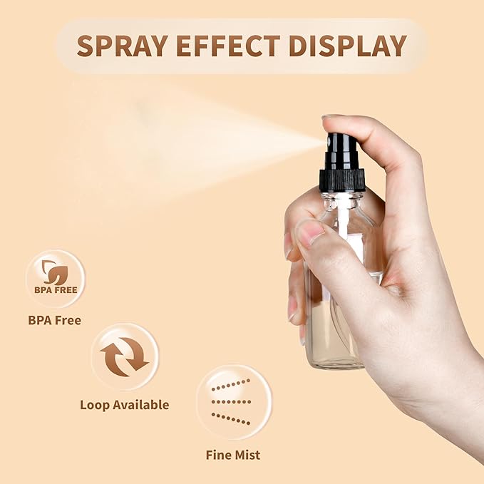 BILLIONSTARS 24 Pack 2oz Glass Boston Round Bottle with Fine Mist Sprayer - Clear - Essential Oils, Bath, Beauty, Hair & Cleaning - Leakproof Travel Bottles