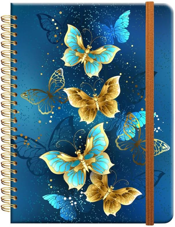 Ruled Spiral Writing Notebook,A5 Hardcover Lined College Journal for Women Lady Girl,Strong Twin-Wire Binding with Premium Paper,8.4" X 6",Perfect for School,Office,Home Gifts(Blue Gold Butterfly)