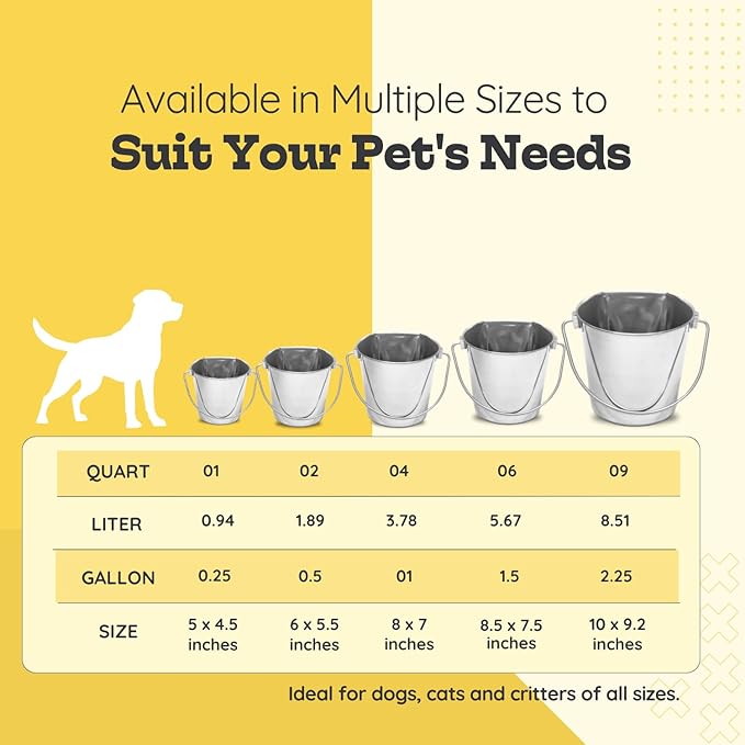 6 Quart Stainless Steel Flat Side Bucket | Durable Heavy Duty Food & Water Feeding Pails for Dog Cat Goat Sheep | Fits kennels Cages Critter Crates Hanging Pet Pail | Multipurpose Buckets