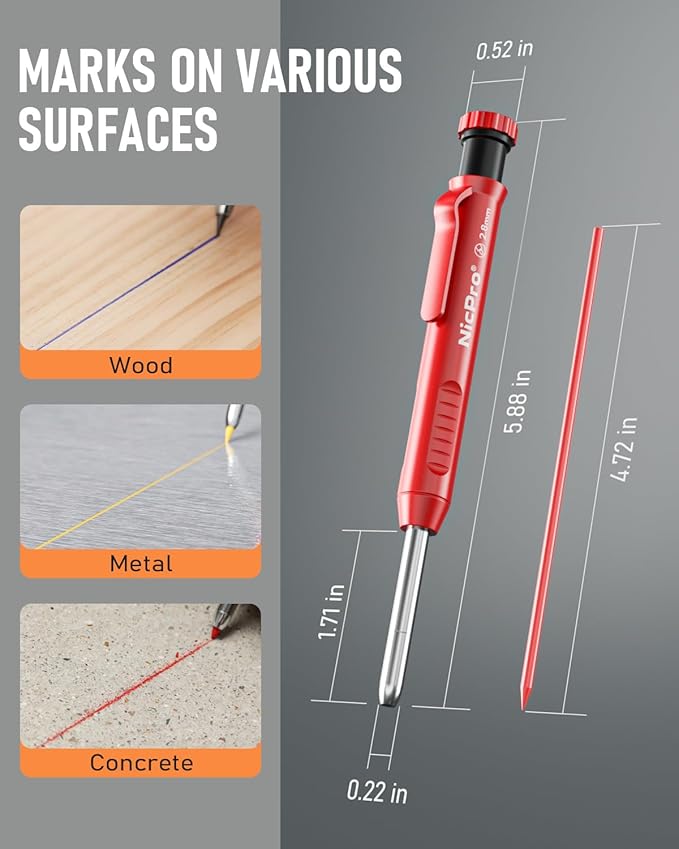 Nicpro 5 Pack Carpenter Pencil with Sharpener, Mechanical Carpenter Pencils Set with 41 Refills, Deep Hole Marker Construction Pencil, Heavy Duty Woodworking Tools for Architect Carpenter - With Case