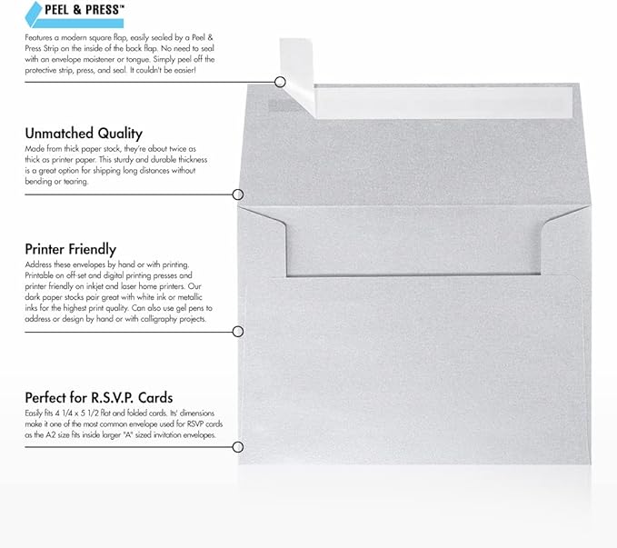 LUXPaper A2 Invitation Envelopes | Peel & Press | 4 3/8" x 5 3/4" | Silver Metallic | 80lb. Text | 50 Qty