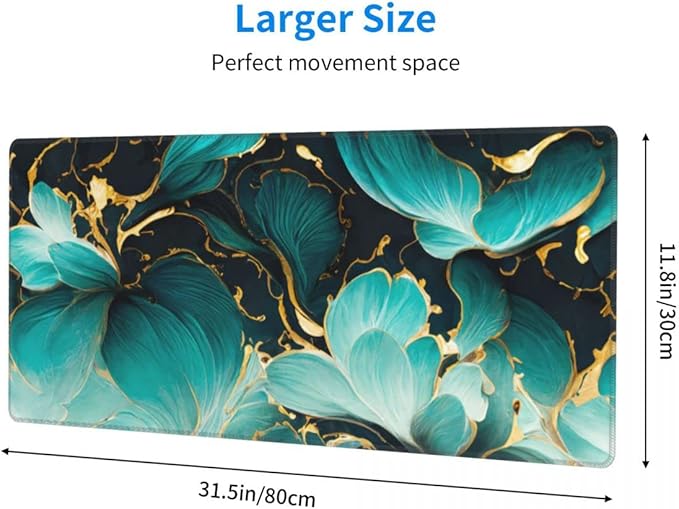 Desk Pad,Office Desk Mat 31.5"×11.8" Large Gaming Mouse Pad,Extended Computer Mouse Pad,Waterproof Thick Big Mouse Pads with Non-Slip Rubber Base Office Home Blue Gold Marble Flower