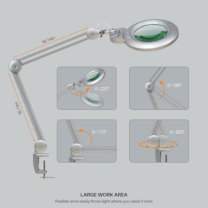 Bifocals Magnifying Desk Lamp with Clamp, 5 Diopter with 20 Diopter, 6 Inch Detachable Lens and 120PCS LEDs, 3 Color Modes 1200 Lumens Swivel Arm Magnifying Lamp with Light for Crafts (Silver)