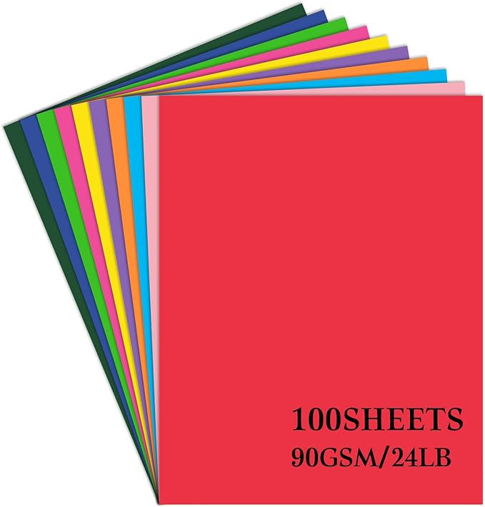 Colored Copy Paper 8.5X11 Inches,100 Sheets 10 Colors Printing Paper 90GSM/24LB Brightness Colored Origami Paper for Arts Crafts DIY School Office Supplies
