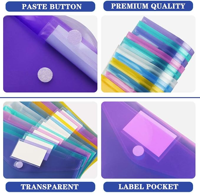 11 Pack Plastic Poly Filing Envelopes, Clear Document Folders US Letter A4 Size File Envelopes with Label Pocket & Paste Button for School Home Work Office Organization, 6 Assorted Color