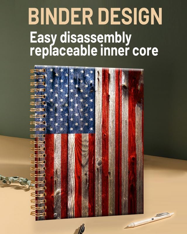 Spiral Journal Notebook for Women,A5 College Ruled Notebooks 6"x 8.4", 120 Pages (60 Sheets) Lined Journal with Premium Thick Paper,Perfect for School Office Home(Wood Grain American Flag)