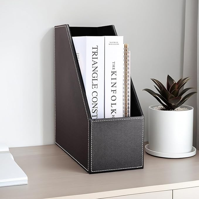 KINGFOM Wooden Leatherette Desktop File Folder Organizer and Document File Stand Journals Magazine Rack 2 Slots (black)