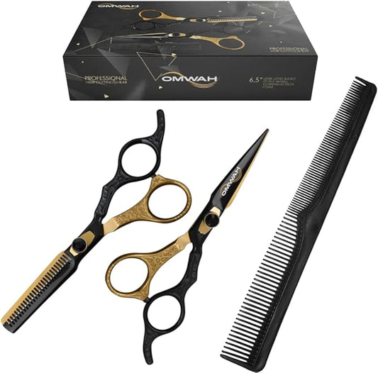 OMWAH - Professional 7.5" Hair Shear Made of Premium 440c Japanese Steel Scissors for Barbers and Salon Extreme Sharpness (Hair Scissors and Thinners Kit)