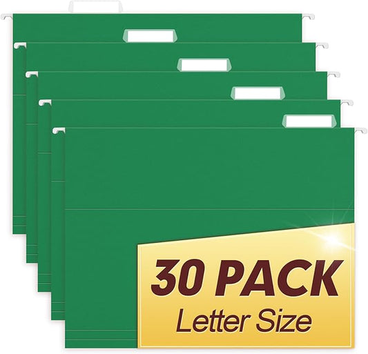 HERKKA Hanging File Folders, 30 Pack Reinforced Letter Size Hanging Folders, Designed for Bulky Files, Filing Cabinet, 1/5-Cut Adjustable Tabs (Green)
