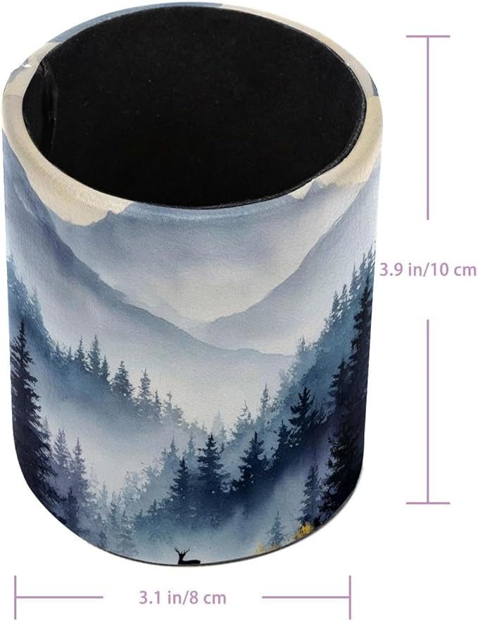 1 Pack Watercolor Mountain Deer Circular Pen & Pencil Holder - Durable PU Leather Pencil Cup, Desk Accessories Organizer for Office Desk School Home