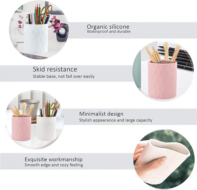 Pen Holder,Nordic Style Silicone Waterproof Pencil Holder for Desk Simple&Modern Minimalist Makeup Organizer Multifunctional Office Supplies for Home,Kids and School (White)