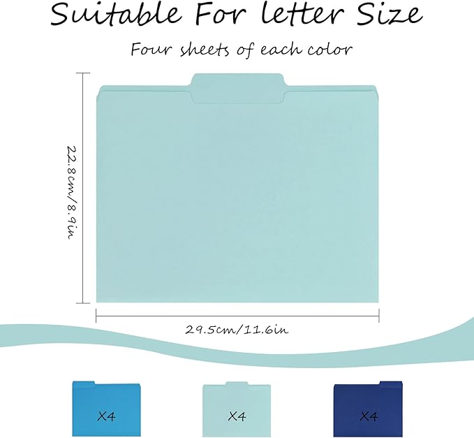 12Pcs Blue File Folders Letter Size Colored Manilla File Folders with 1/3-cut Tabs Decorative File Pockets for Office School Business Home Organizer(12, Blue Series)