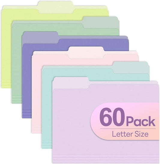 Piasoenc Color File Folders Set of 60, 1/3 Cut Tab, Letter Size Folder for 8.5 x 11 Documents Files, Assorted 6 Colors Filing for Office School Business