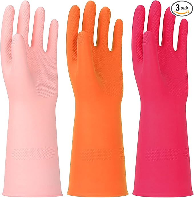 3 Pairs Rubber Cleaning Gloves Latex Free Dishwashing Gloves - 13" Reusable Nitrile Gloves Small, Orange+Pink+Red