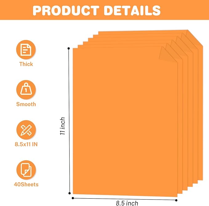 Light Orange Cardstock 8.5 X 11, 40 Sheets Card Stock, 75lb/ 200gsm Copy Paper, Cardstock Printer Paper For Art, Drawing, Invitation, DIY Card, Watercolor, Craft, Construction, School & Office Supplie