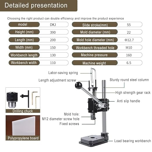 Leather Hole Puncher Industrial Hole Puncher Arbor Press Leathercraft Punching Tools for DIY Leather Craft Punching Holes withPP Plate，1.5-13mm Clamping Chuck，Free Accessorie