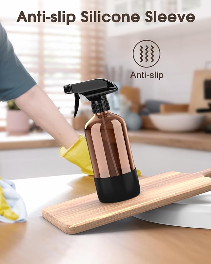 Glass Spray Bottle with Silicone Sleeve Protection, Amber Glass Spray Bottle Set for Window Cleaner Aromatherapy Facial Hydration Watering Flowers Hair Care 2 Pack/16 oz (Black)