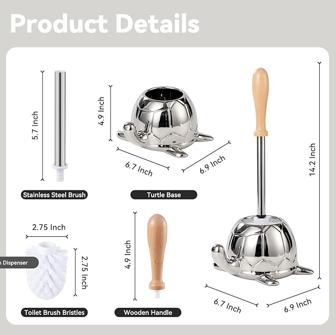 Toilet Brush and Holder Set, Ceramic Turtle Base Toilet Brush Set - 7.5” Bowl Cleaner, Toilet Scrubber Brush with Ergonomic Handle (Silver)