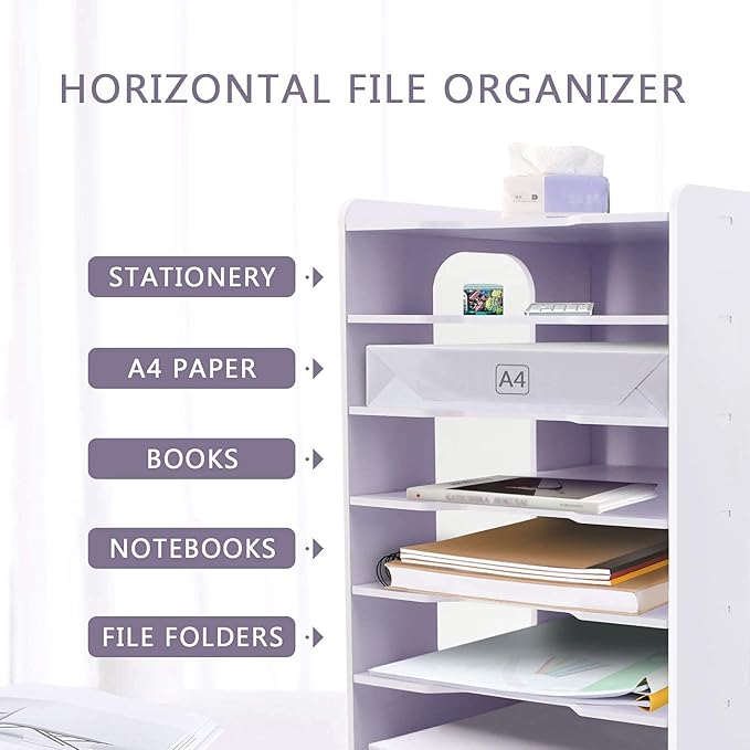 SONGWAY File Organizer for Desk - Desk Organizer for Document, Multifunctional 7 Tier Vertical File Holder, Paper Holder Organizer, Desktop File Organizer for Home Office School Decorations, White