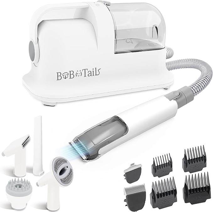 Bobotails Pet Grooming Vacuum Kit, 1.5L Dust Cup Dog Grooming Vacuum 8 in 1, Dog deshedding Brush with Clipper Low Noise Mess-Free for Shedding Pet Hair, Home Cleaning (White)