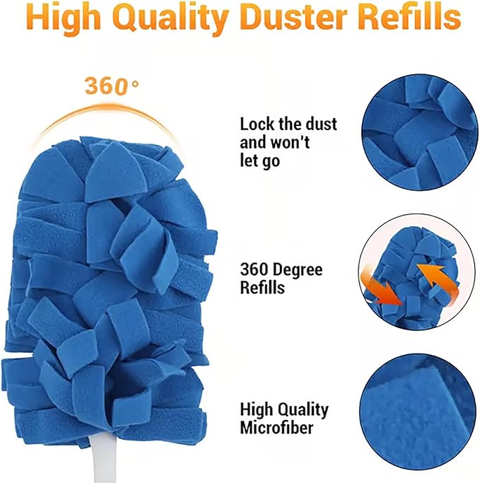 360° Electrostatic Duster Refills with Handle — The Sustainable Choice for a Dust-Free Home, Reusable & Washable, Heavy-Duty Multi-Surface Cleaning for Fans, Blinds, Cars & Office (Short Handle)