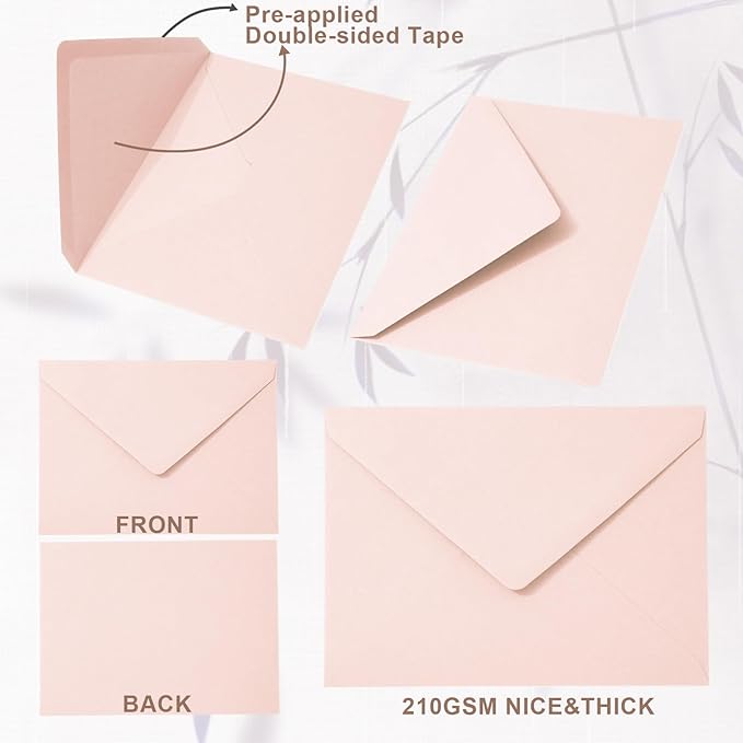 Whaline 50Pcs A7 Invitation Envelopes Set Blush Pink Greeting Card Envelopes V-Flap Envelopes Gift Card Sleeves for Mailing Envelopes Sending Card, 7.3x5.3 Inch