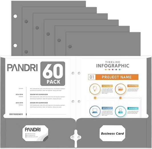 Two Pocket Portfolio Folders, PANDRI 60 Pack 3 Hole Punched 2 Pocket Folders for 3 Ring Binder, Letter Size Paper File Folder for School Office Home Business, Grey