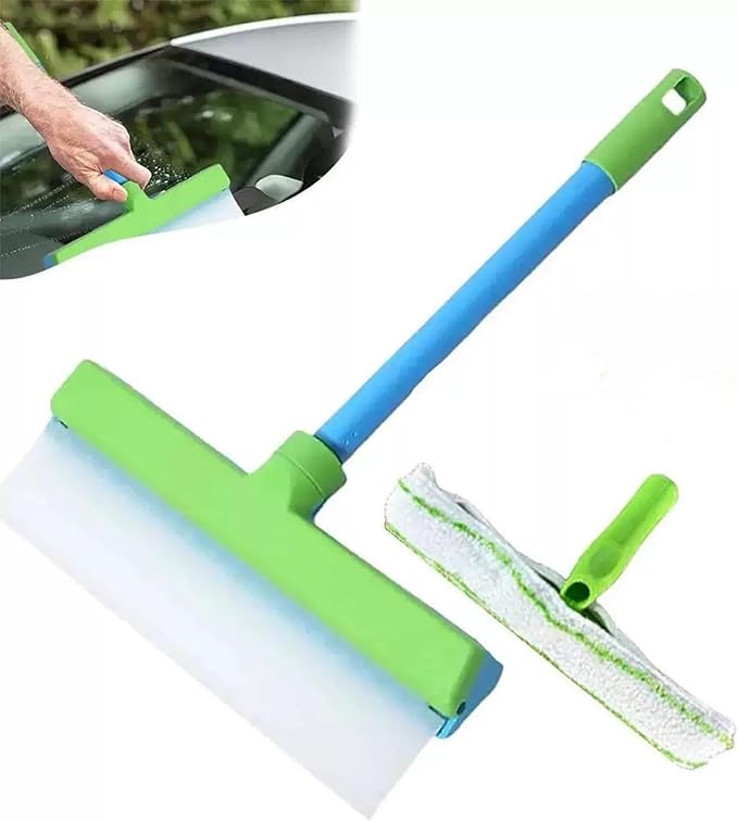 Window Cleaning Kit, Window Squeegee Cleaner Kit, 3 in 1 Glass Cleaning Tool with Rotatable Silicone Microfiber Scrubber