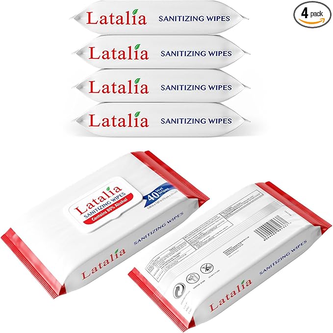 Latalia Hand Wipes Pack of 4 | 80% Alcohol Hand Sanitizer Wipes for Hands & Face Moisturizing, Gentle, Convenient and Fragrance Free (40 Counts)