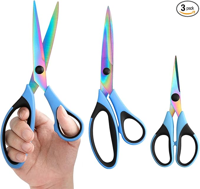 Scissors All Purpose, Sharp Titanium Blades Shears, Rubber Comfort Grip Handle, Multipurpose scissors 3 pack, Great for Office, Fabric, Craft, Sewing, Arts, School and Home Supplies, Black&Blue