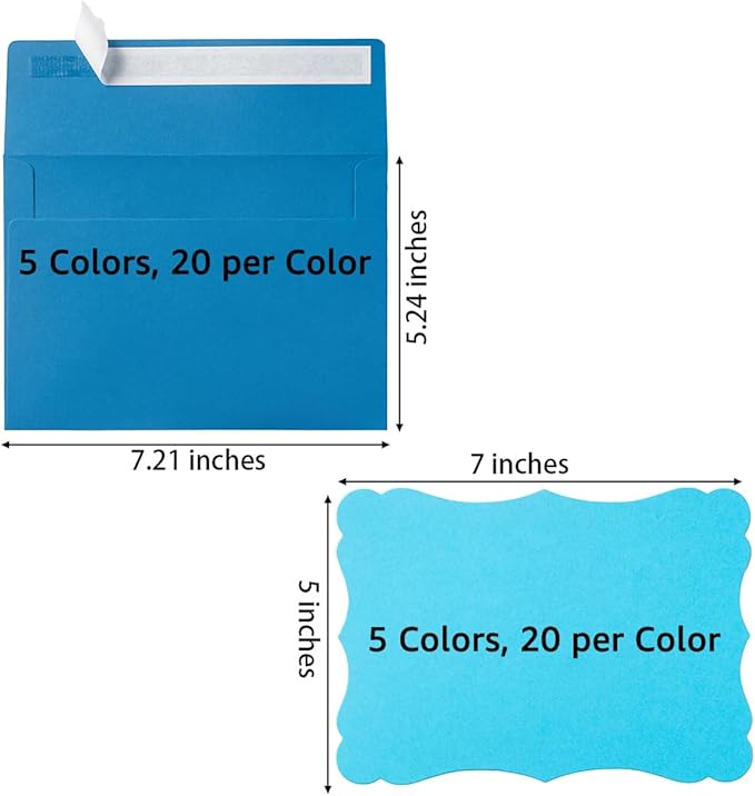 100 Pack Blue A7 Envelopes with Blank 5 x 7 Cards Self-Adhesive Business Envelopes Invitations Cards Envelopes (5 Colors Blue, A7)